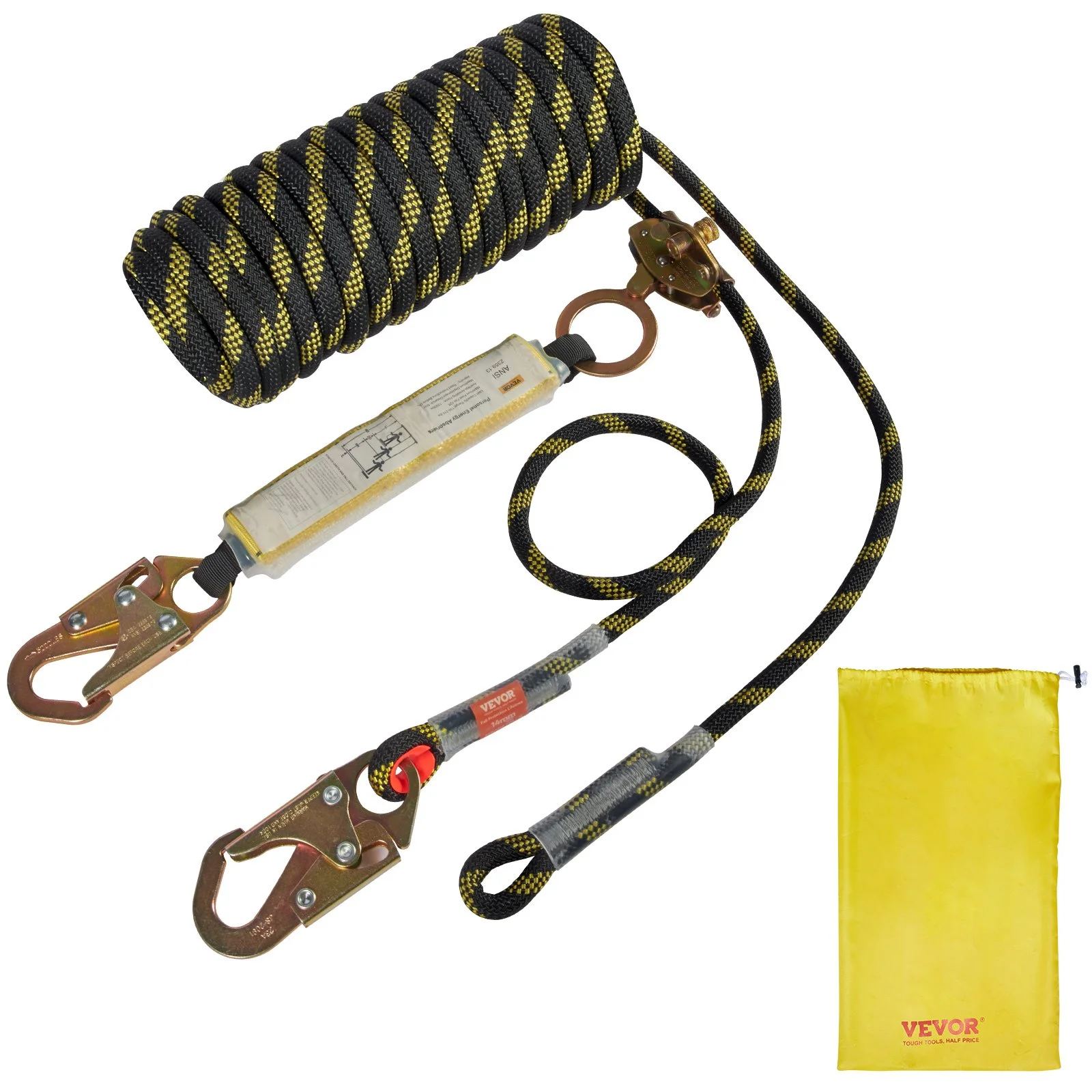 Vertical Lifeline Assembly, 0.55'' x 50' Fall Protection Rope with 30 KN Breaking Tension, Polyester Roofing Rope with Steel Snap Hooks, Rope Grab, and Shock Absorber, ANSI Compliant