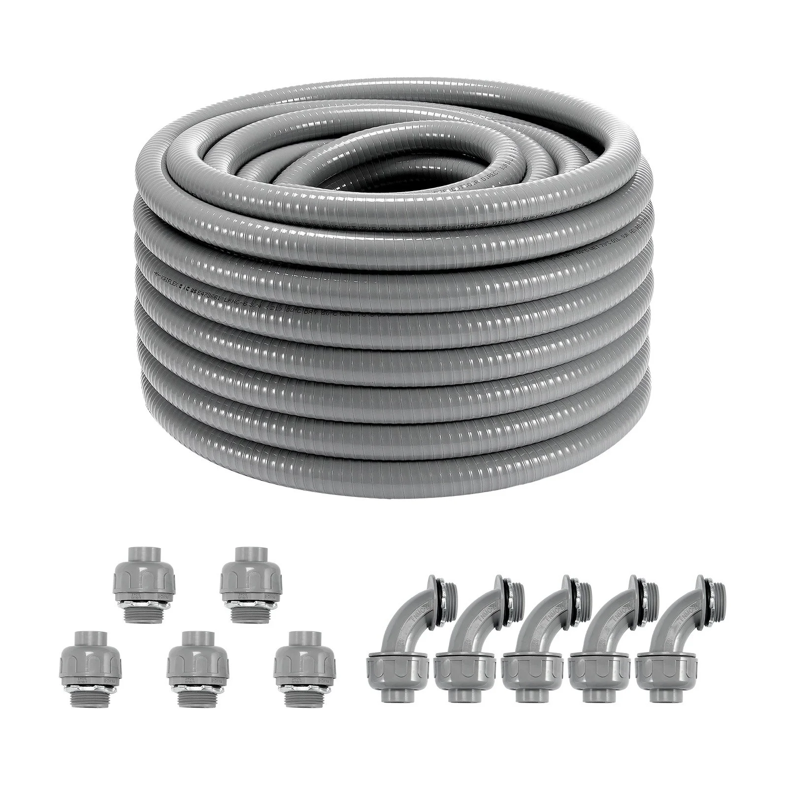 3/4-Inch Flexible Electrical Conduit, 100 ft, PVC Liquid-Tight Conduit Non-Metallic with 5 Straight and 5 90-Degree Conduit Connector Fittings, for Air Conditioning Motor Controller Pump, IP65
