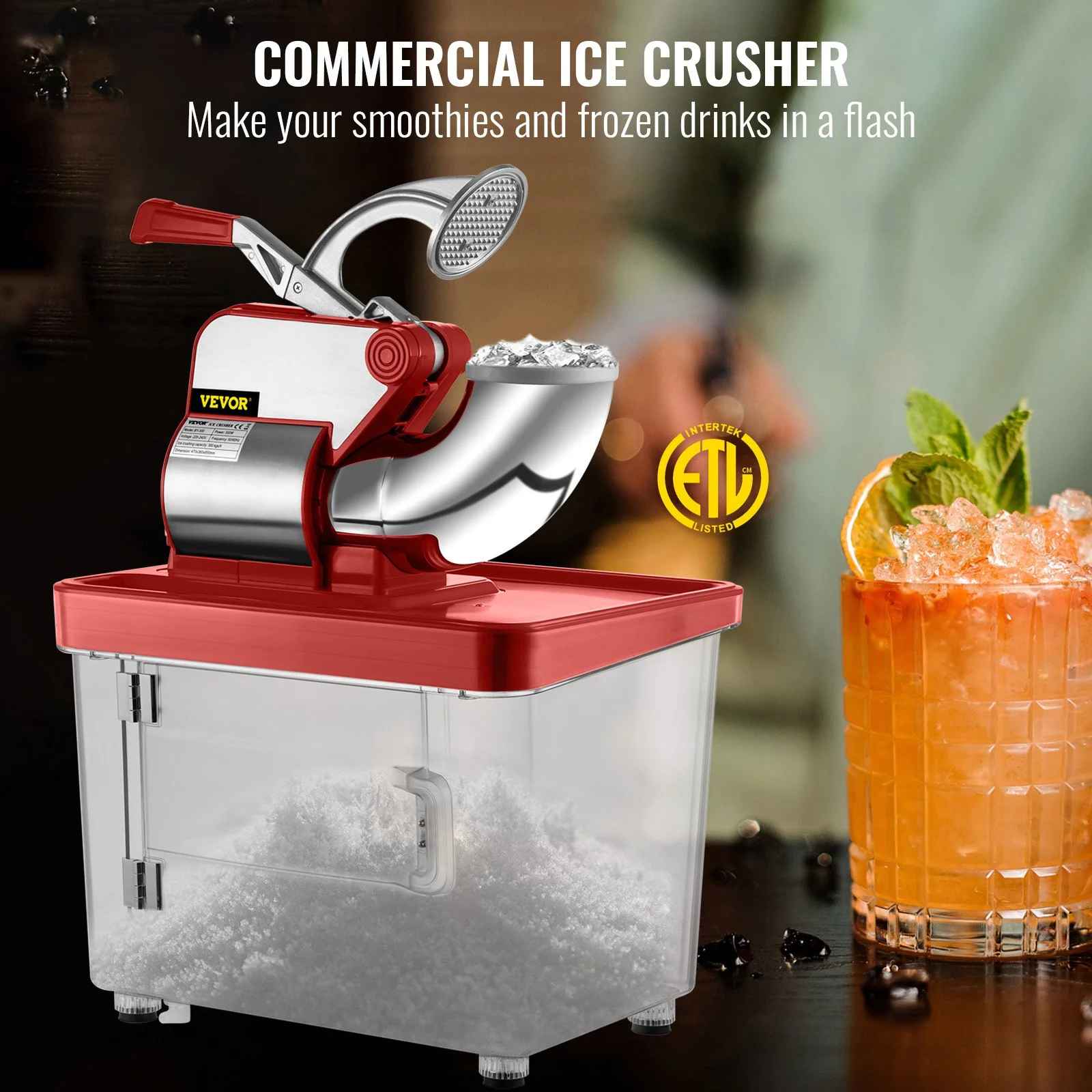 110V Commercial Ice Crusher 440LBS/H, ETL Approved 300W Electric Snow Cone Machine with Dual Blades, Stainless Steel Shaved Ice Machine with Safety On/Off Switch for Family, Restaurants, Bars - Image 7