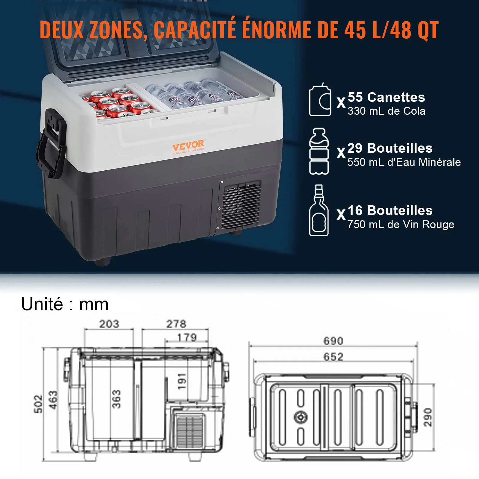Car Refrigerator, 12 Volt Car Refrigerator Fridge, 48 QT/45 L Dual Zone Portable Freezer, -4℉-50℉ Adjustable Range, 12/24V DC and 100-240V AC Compressor Cooler for Outdoor, Camping, Travel, RV - Image 5