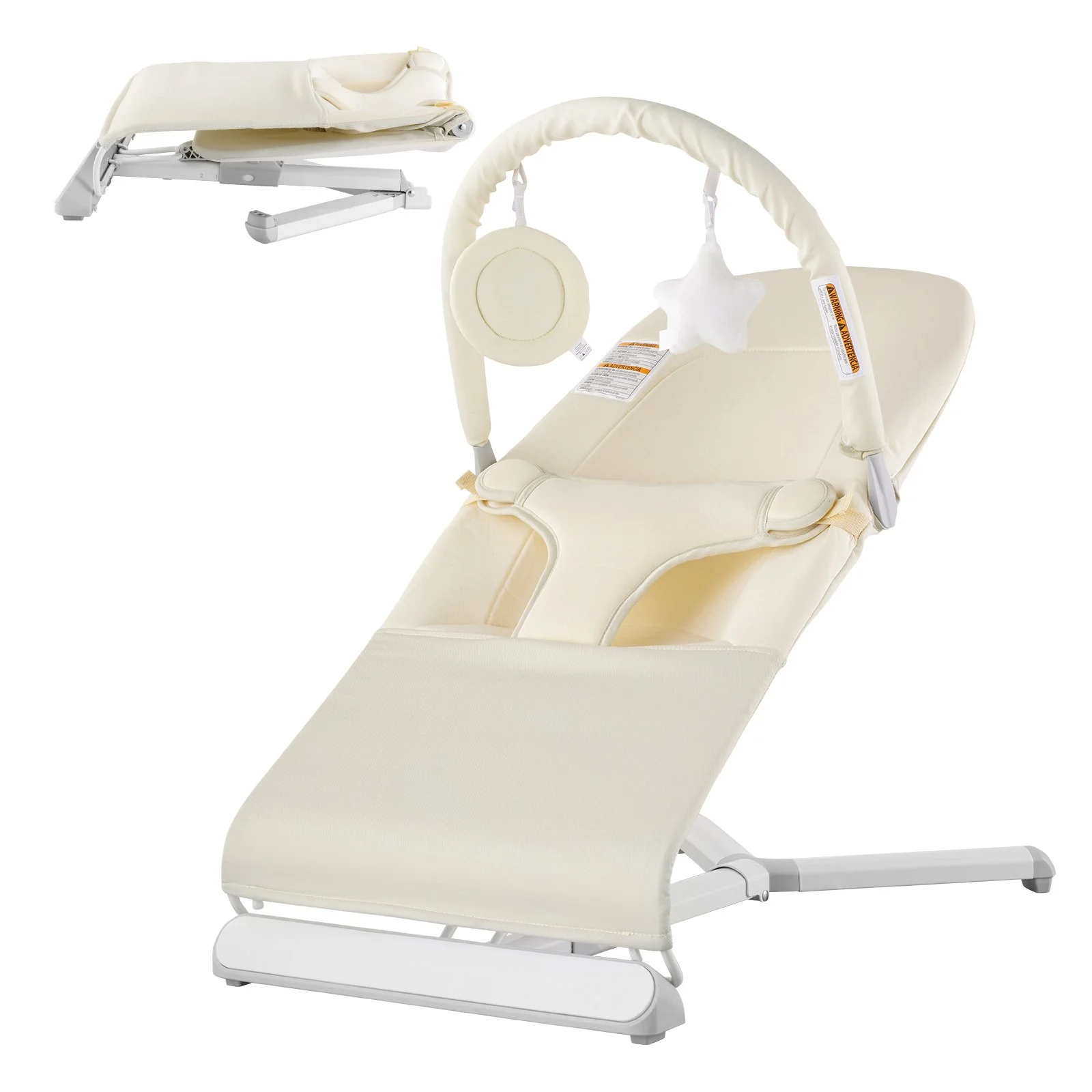 Baby Bouncer, Folding Bouncer Seat for Babies 0-9 Months, Newborn Bouncer Chair with 2 Reclining Angles & Rotatable Toy Bar, Portable Infant Rocker with Carrying Bag for Indoors Outdoors, Beige