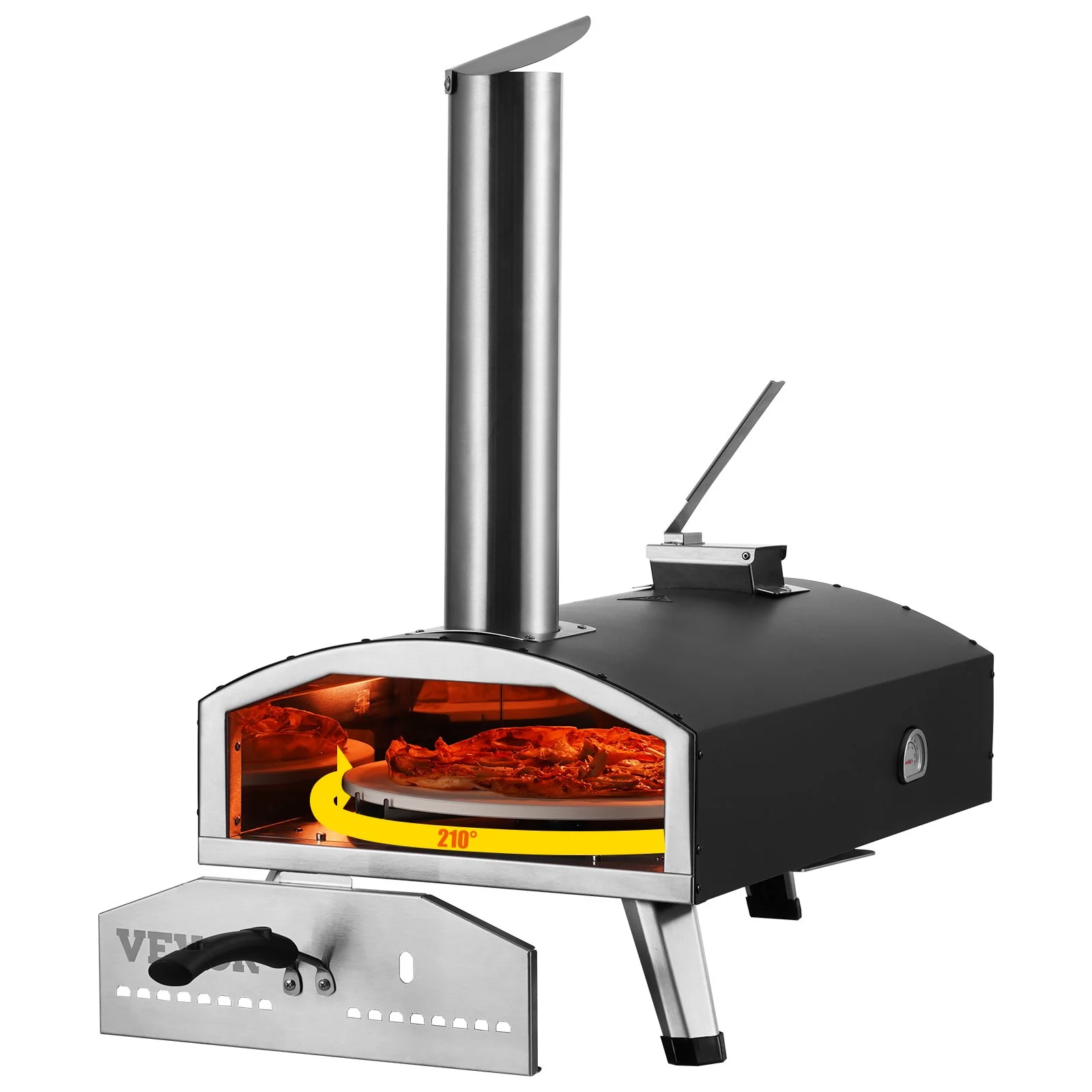 Portable Outdoor Oven, 12-inch Pizza Oven, Pellet & Chips & Charcoal Tri-Fuel, Iron Spray Pizza Grill, Includes 210° Rotatable Pizza Stone, Scoop, Ideal for Camping & Backyard, Black