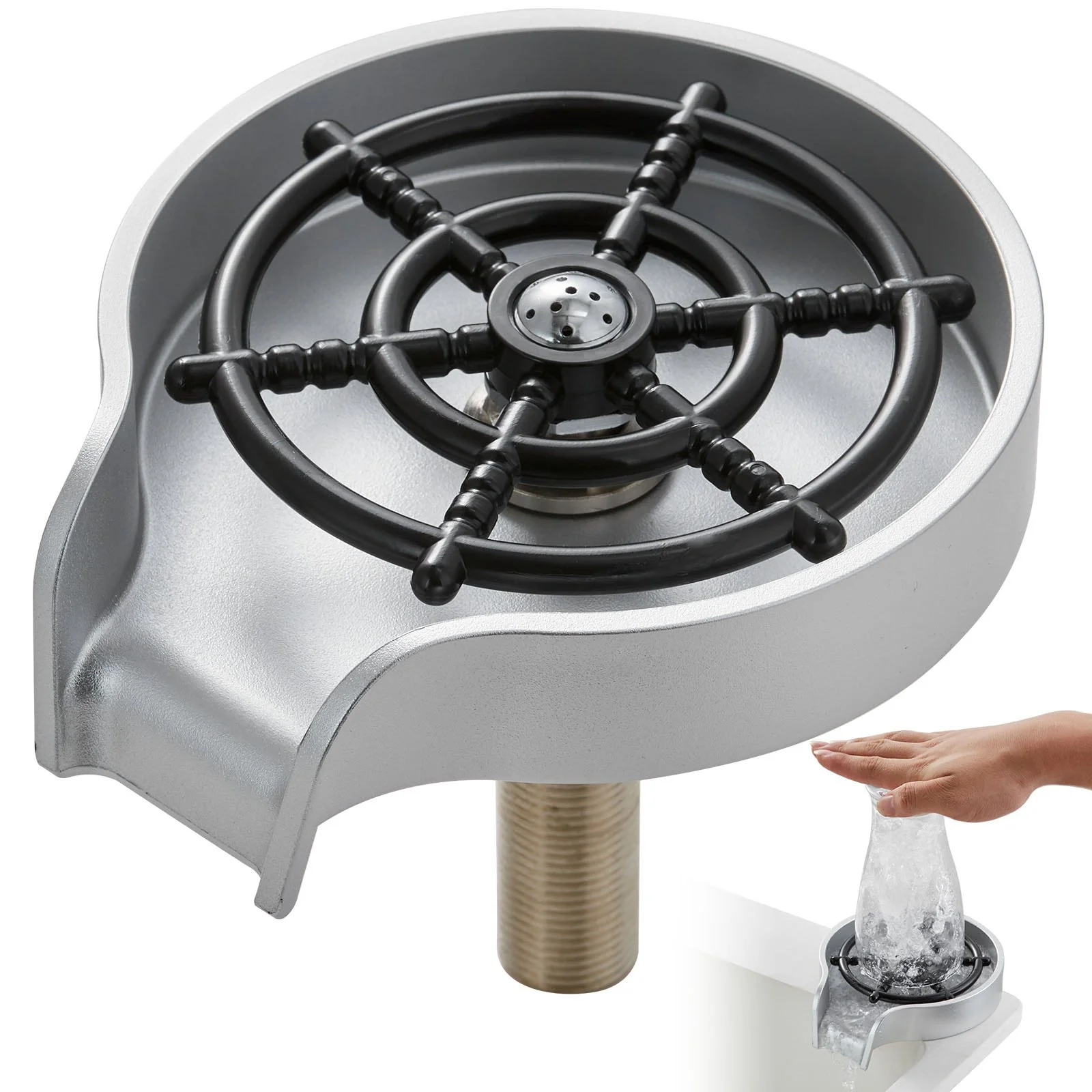 Glass Rinser, 10 Powerful Spraying Jets 360° Rotating Cup Rinser for Sink, Wearproof ABS Sink Faucet Cup Washer & ABS Cup Holder for Baby Bottle, Glass Cup, Wine Glass (Silver-White Base)