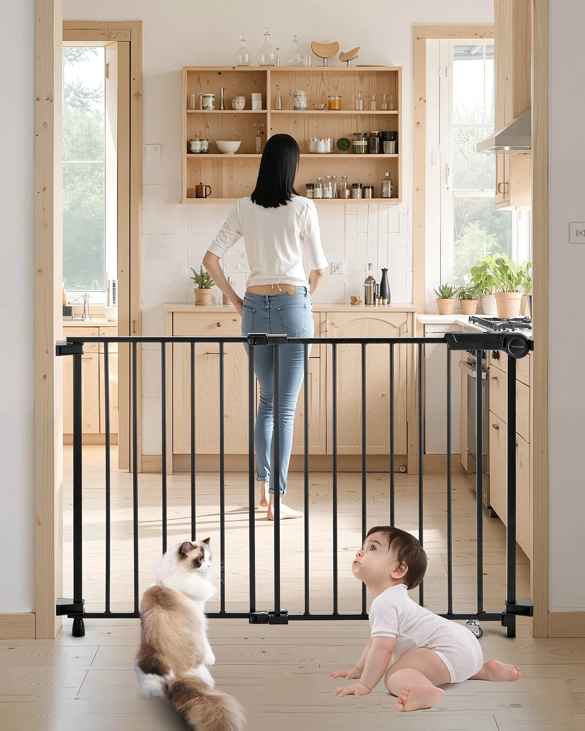 Baby Gate, 29.5-43 Inches Adjustable Width, 28 Inches High Dog Gate, No Threshold Bar, Easy Step Walk Thru, for Child Pet Security, with Screws, One-Hand Open, for Stairs and Doorways, Black