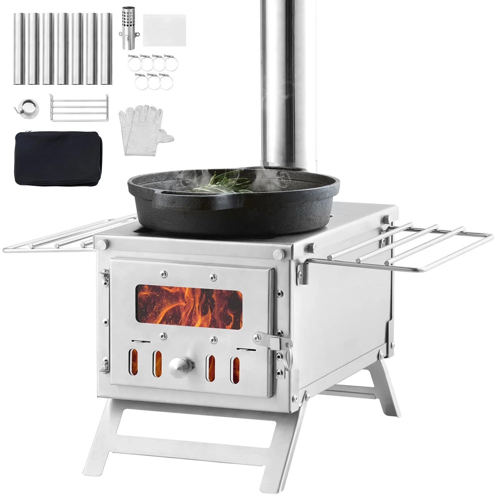 Wood Stove, 80 inch, Stainless Steel Camping Tent Stove, Portable Wood Burning Stove with Chimney Pipes & Gloves, 700in³Firebox Hot Tent Stove for Outdoor Cooking and Heating with 8 Pipes