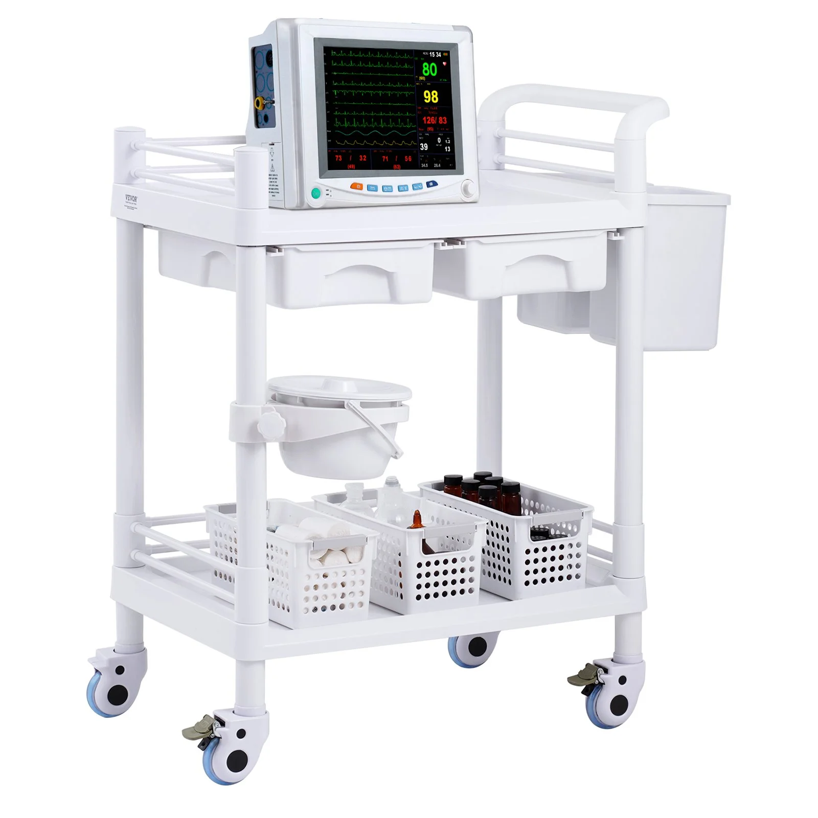 2 Tiers Lab Carts, Lab Utility Cart with 2 Trays, 2 Drawers & 4 Silent Wheels, Mobile Medical Cart with PP Material, Lab Rolling Cart with 3 Trash Cans for Lab, Clinic, Hospital, Salon, White
