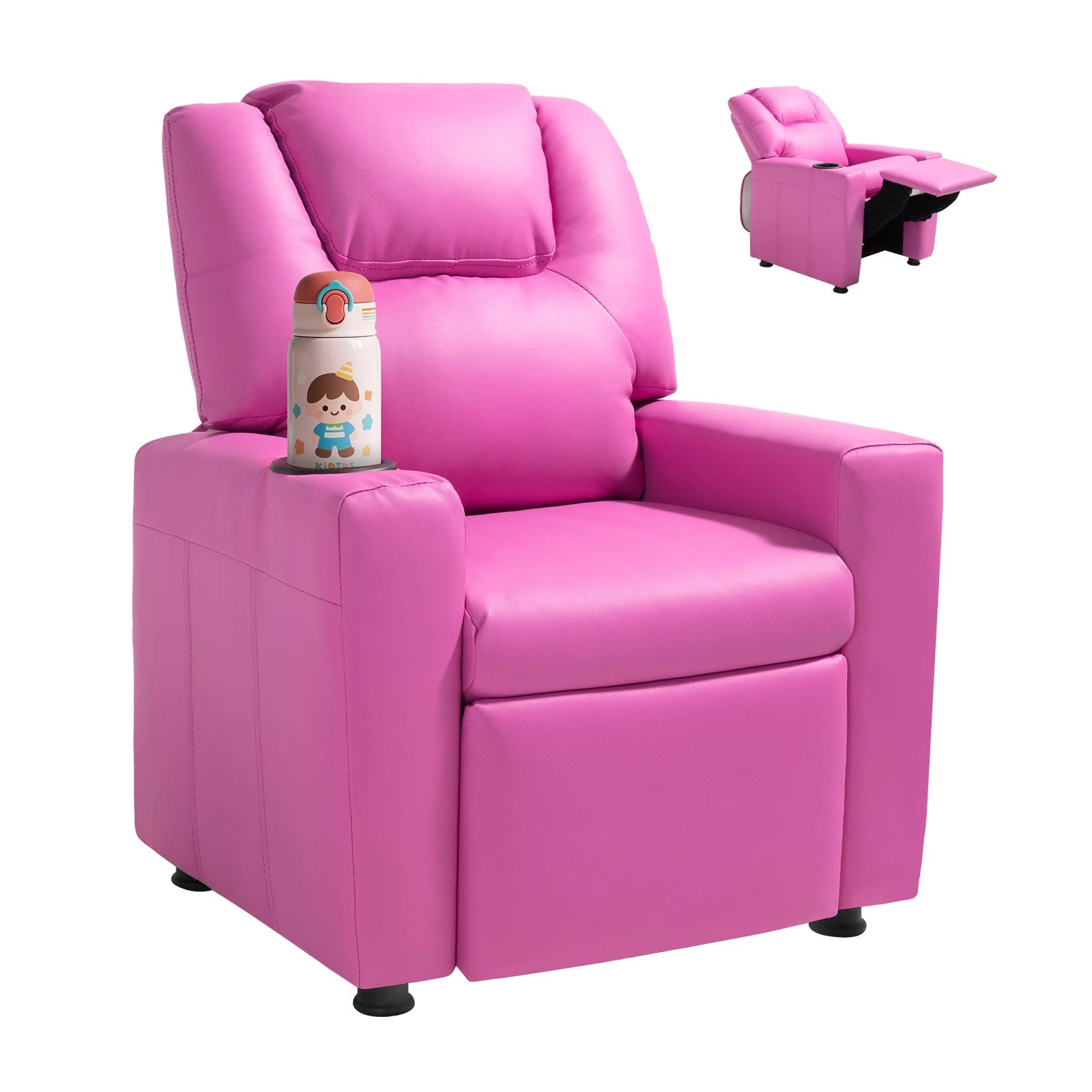 Kids Reclining Chair, Toddler Recliner with Cup Holder, 101° to 121° Adjustable Backrest, Easy-to-Clean PU Leather Recliner Couch with Footrest, 90 lbs Load, for Boys & Girls, Children (Pink)