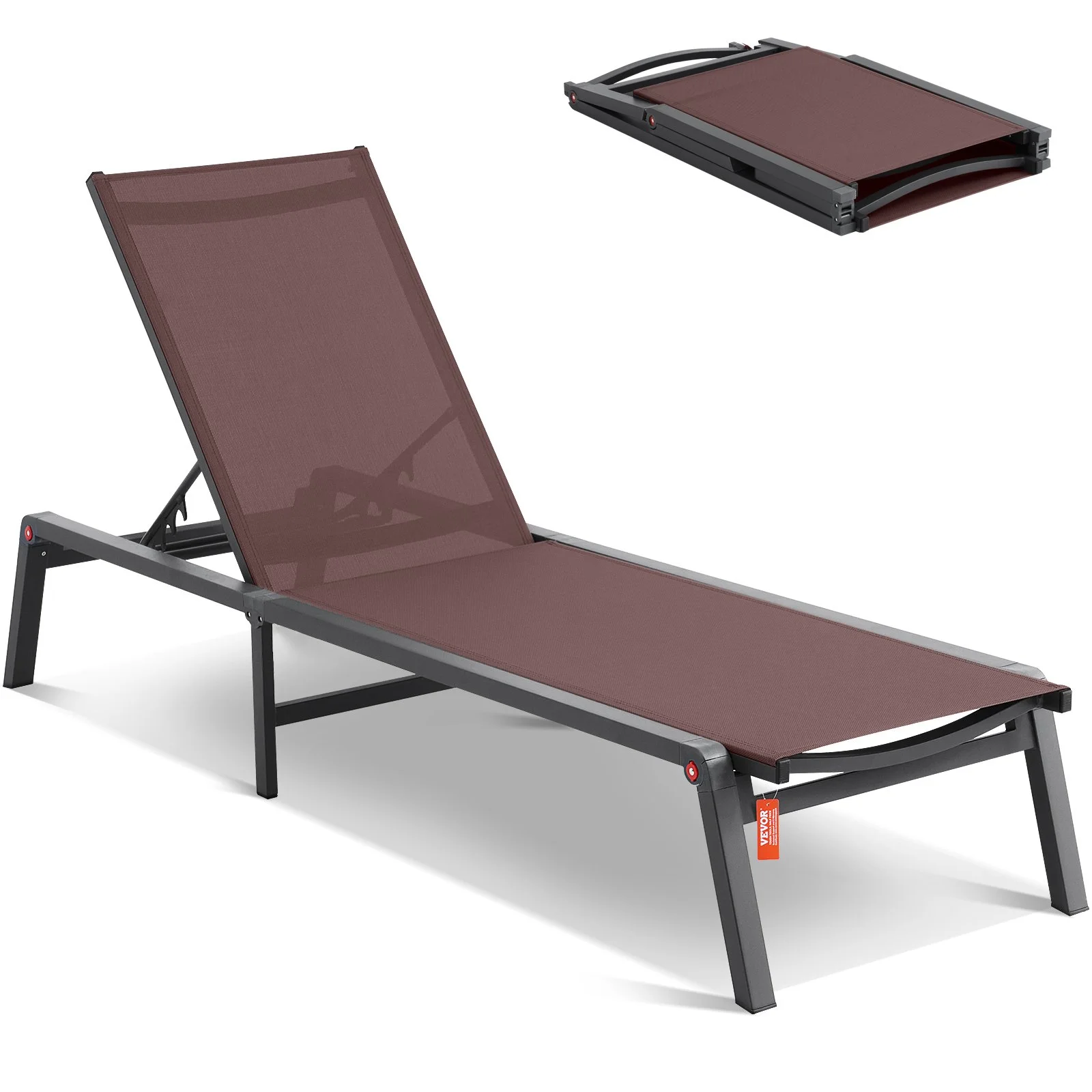 Chaise Lounge Chair Outdoor, Aluminum Patio Lounge Chair with Adjustable 5-Position, Folding Pool Lounge Chair Recliner and Full Flat Tanning Chair for Patio, Beach, Pool, Brown