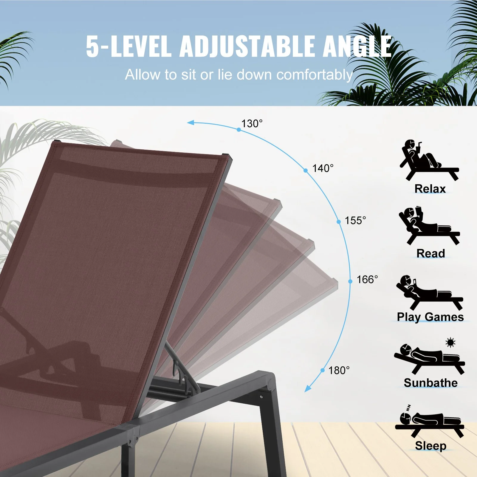 Chaise Lounge Chair Outdoor, Aluminum Patio Lounge Chair with Adjustable 5-Position, Folding Pool Lounge Chair Recliner and Full Flat Tanning Chair for Patio, Beach, Pool, Brown - Image 10