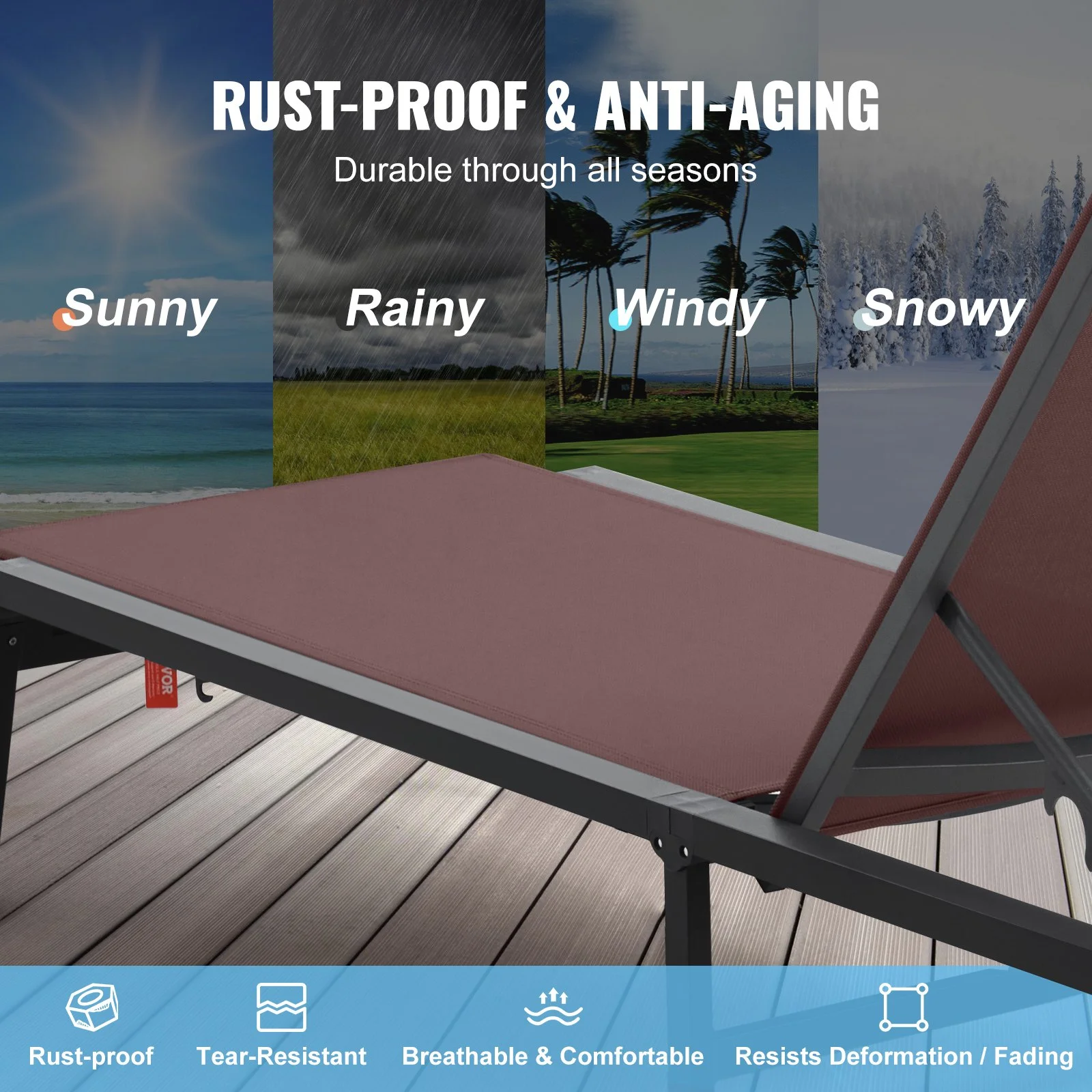 Chaise Lounge Chair Outdoor, Aluminum Patio Lounge Chair with Adjustable 5-Position, Folding Pool Lounge Chair Recliner and Full Flat Tanning Chair for Patio, Beach, Pool, Brown - Image 8