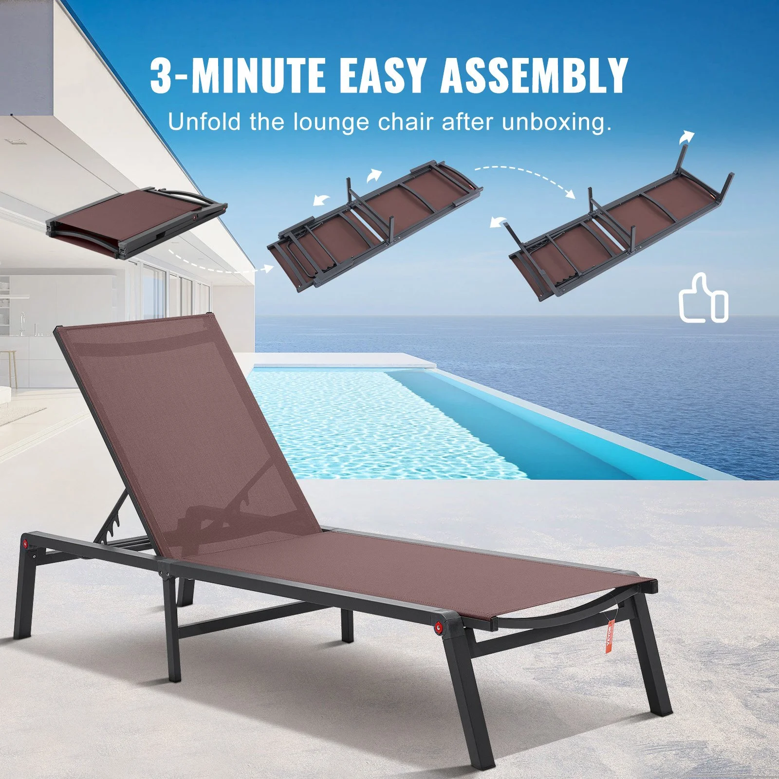 Chaise Lounge Chair Outdoor, Aluminum Patio Lounge Chair with Adjustable 5-Position, Folding Pool Lounge Chair Recliner and Full Flat Tanning Chair for Patio, Beach, Pool, Brown - Image 9