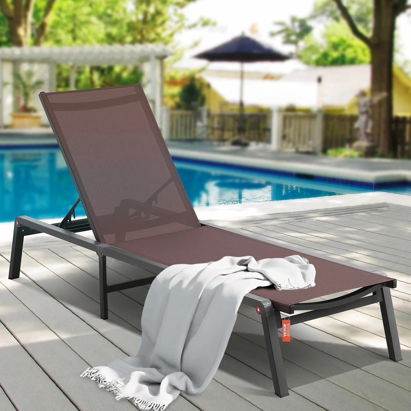 Chaise Lounge Chair Outdoor, Aluminum Patio Lounge Chair with Adjustable 5-Position, Folding Pool Lounge Chair Recliner and Full Flat Tanning Chair for Patio, Beach, Pool, Brown - Image 3