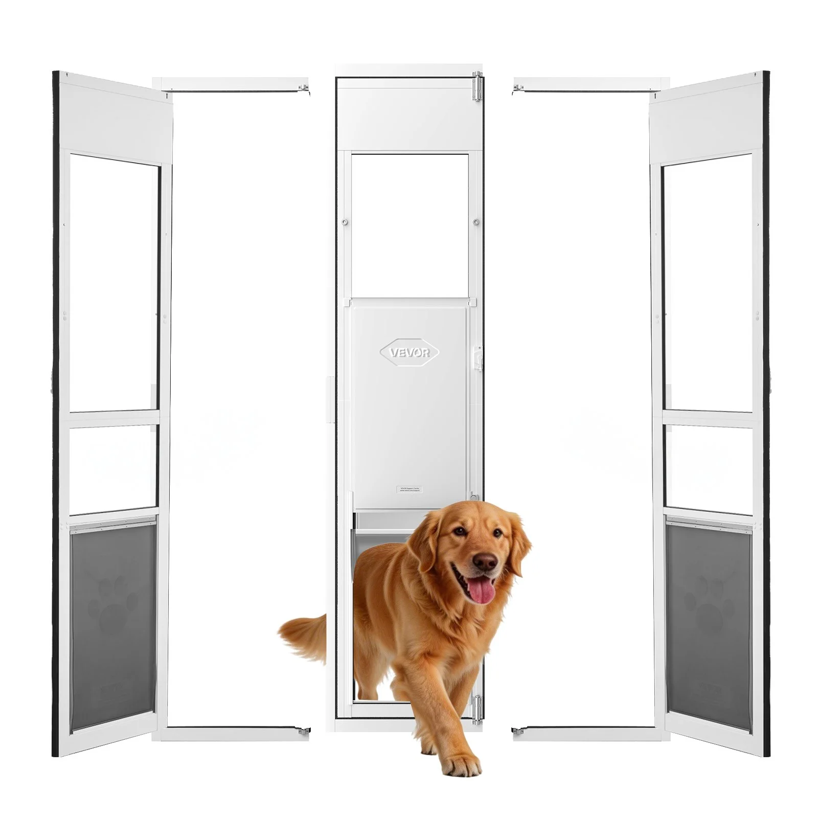 Dog Door for Sliding Glass Door, 75 7/8" to 80 11/16" Adjustable Height, Aluminum Alloy Frame with Flap and Lock, for Extra Large-Sized Dogs, 180° Swing-Open Sliding Glass Pet Doors for Renters