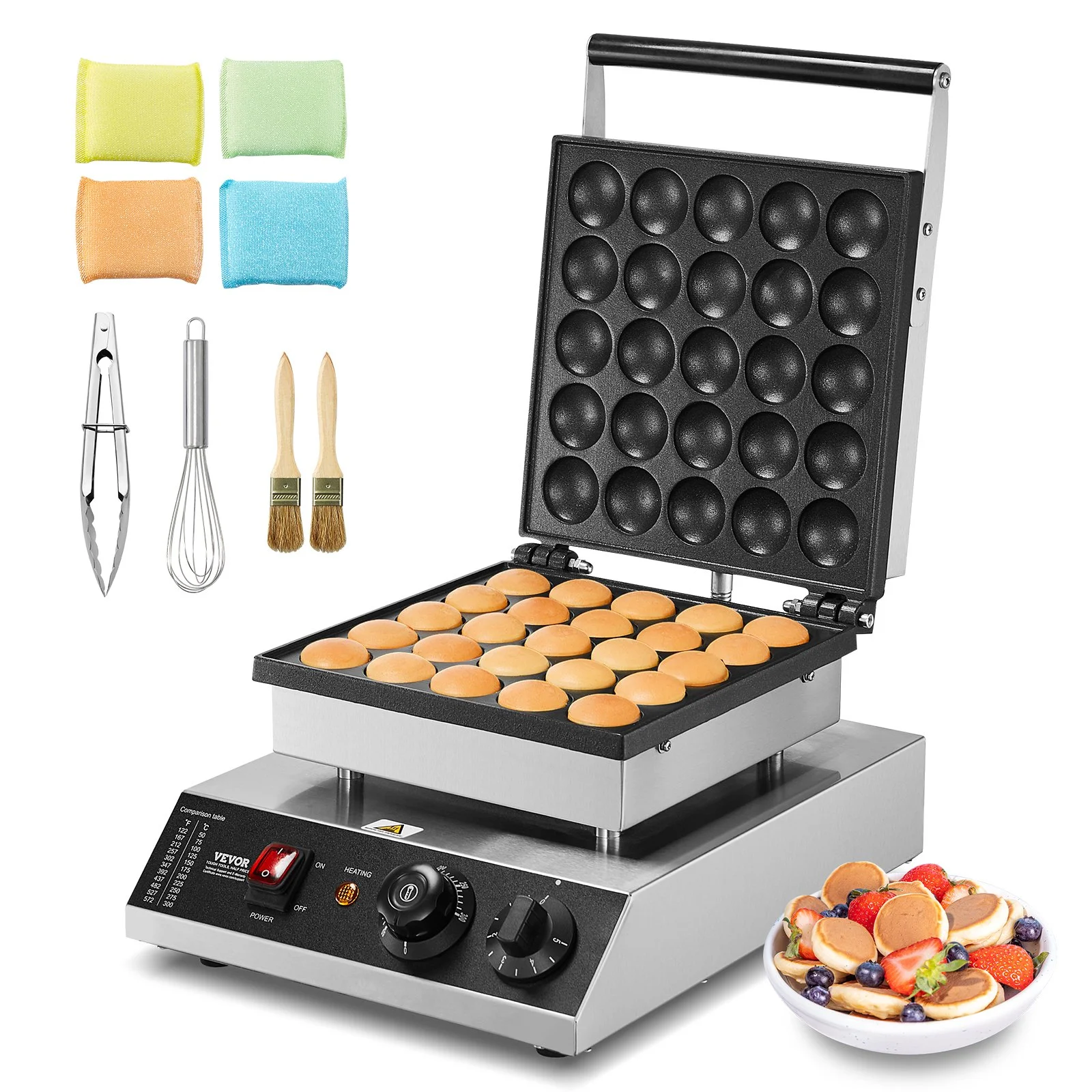 Mini Dutch Pancake Maker, 25PCS 43mm Diameter Dorayaki Baker Machine, 1700W Commercial Electric Poffertjes Grill, Non-stick Stainless Steel, Temp & Time Control, for Home Kitchen Restaurant