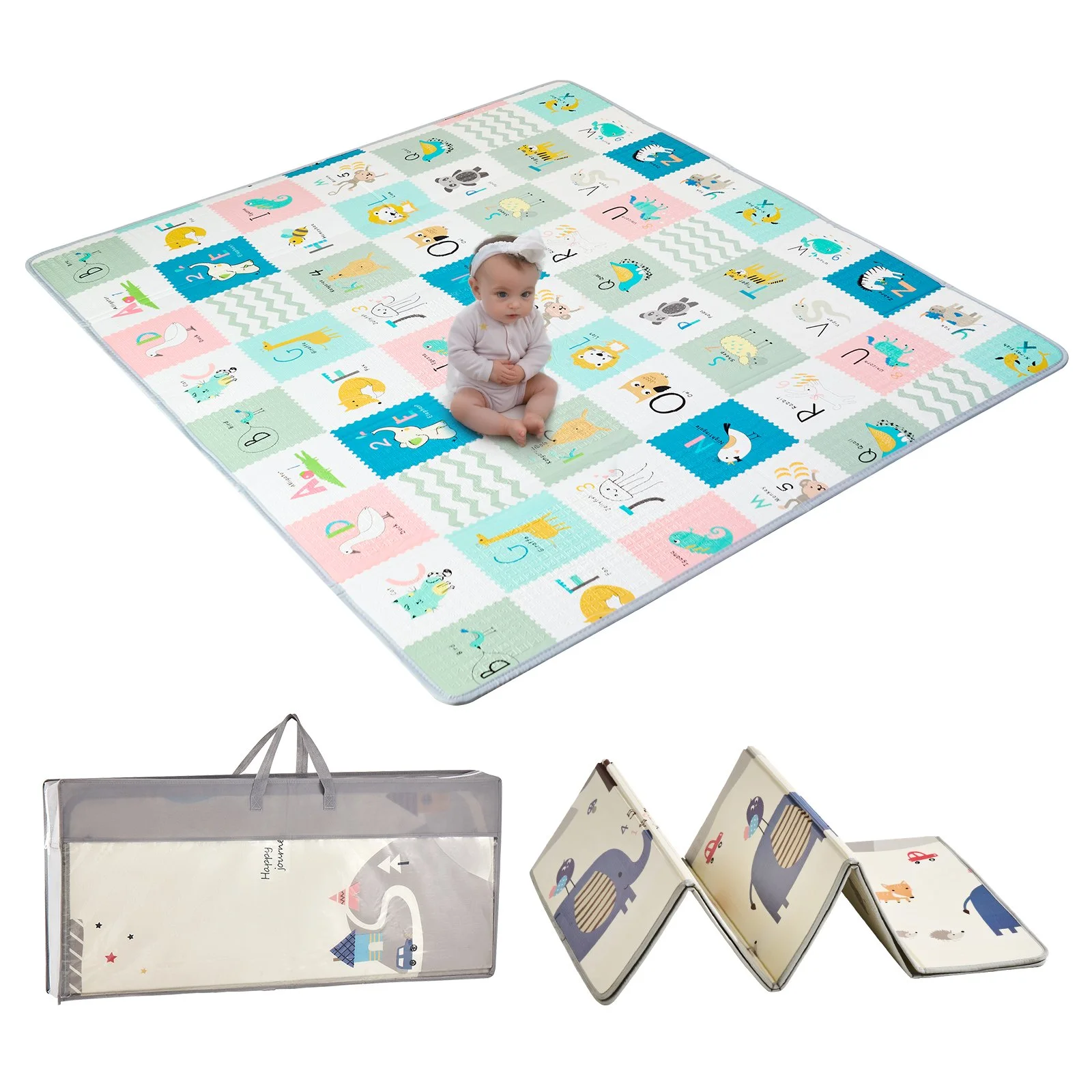Baby Play Mat, 71""x79"" Extra Large Baby Crawling Mat, Non-Slip One-Piece Foam Baby Playmat, Foldable Reversible Floor Mat with Travel Bag, Waterproof Activity Playmat for Babies Toddlers Infants