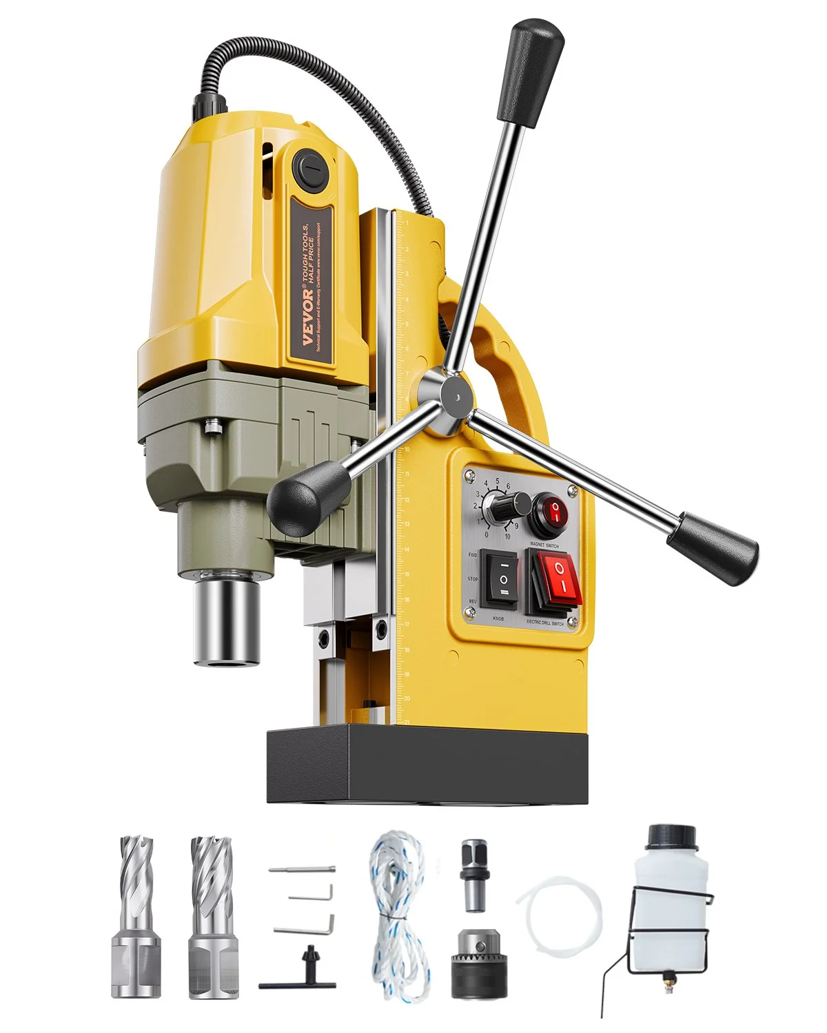 Magnetic Drill, 1200W Motor 1.6 in Boring Diameter, 2810 lbf Electric Mag Drill Press, with 2 Coring Bits, Variable Speed, Drilling Machine for Metal Surface, Home Improvement Industry, Yellow