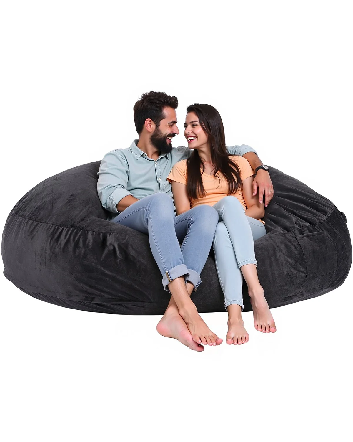 Bean Bag Chair, Giant BeanBag Chair with Removable & Washable Cover for Adult, Dutch Velvet & High-Density Foam Filling Round Bean Bag with Handle and Side Pocket for Living Room Bedroom, Black