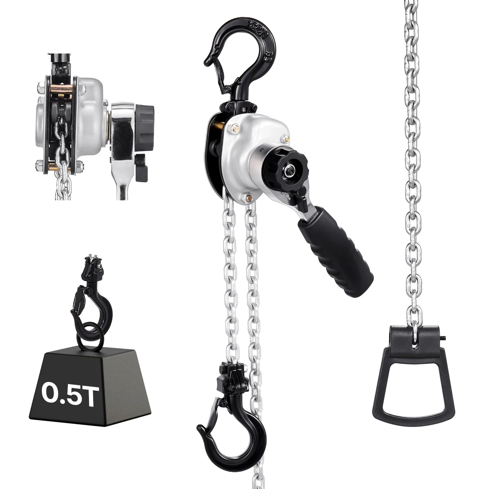 Manual Lever Chain Hoist, 1/2T 1100LBS Capacity Heavy Duty Come Along, 5FT Lift G80 Alloy Steel Chain With Dual Pawl Mechanical Brake,360°Rotating Hooks, for Warehouse Construction Garage