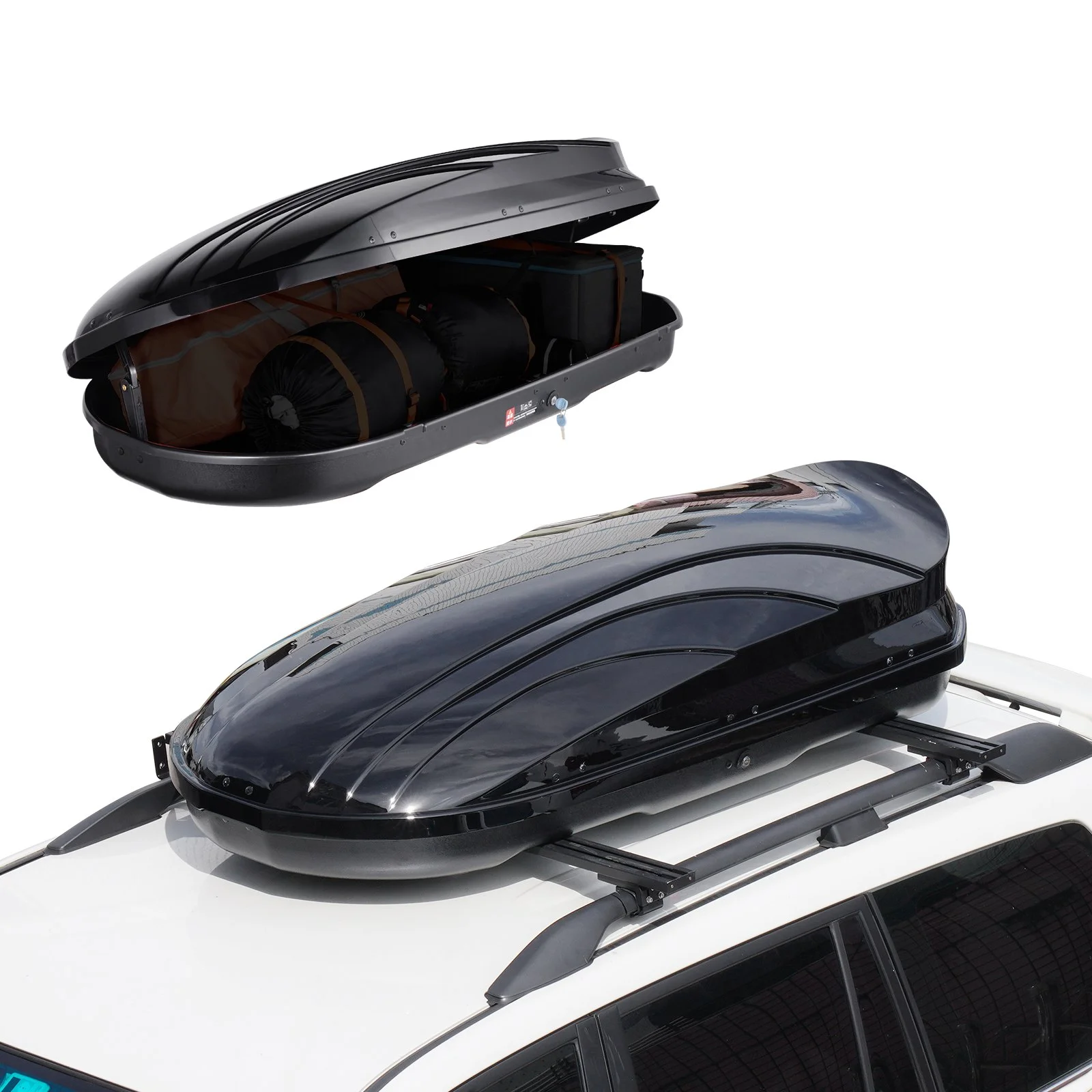 Rooftop Cargo Carrier, 11 Cubic Feet Roof Cargo Box, ABS Hard Shell Roof Box, with Dual-Sided Opening and 2 Reinforced Straps, Aerodynamic, Suitable for most Crossbar, for Car, Wagon, SUV, Black