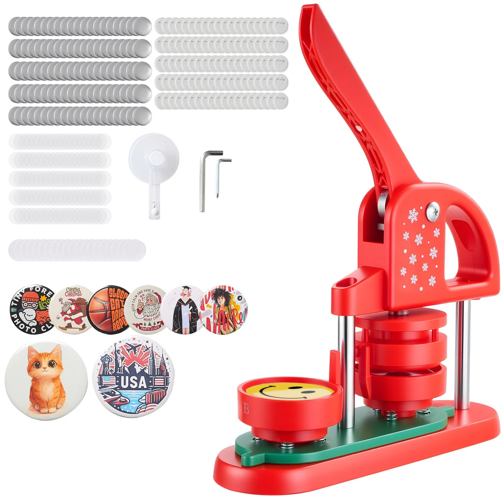 Button Maker Machine, 2.28 in, Plastic Pin Maker with 100pcs Button Parts, Circle Cutter and Hex Wrenches, Reinforced Ergonomic Handle, for DIY Badges, Personalized Pins and Key Chains, Red