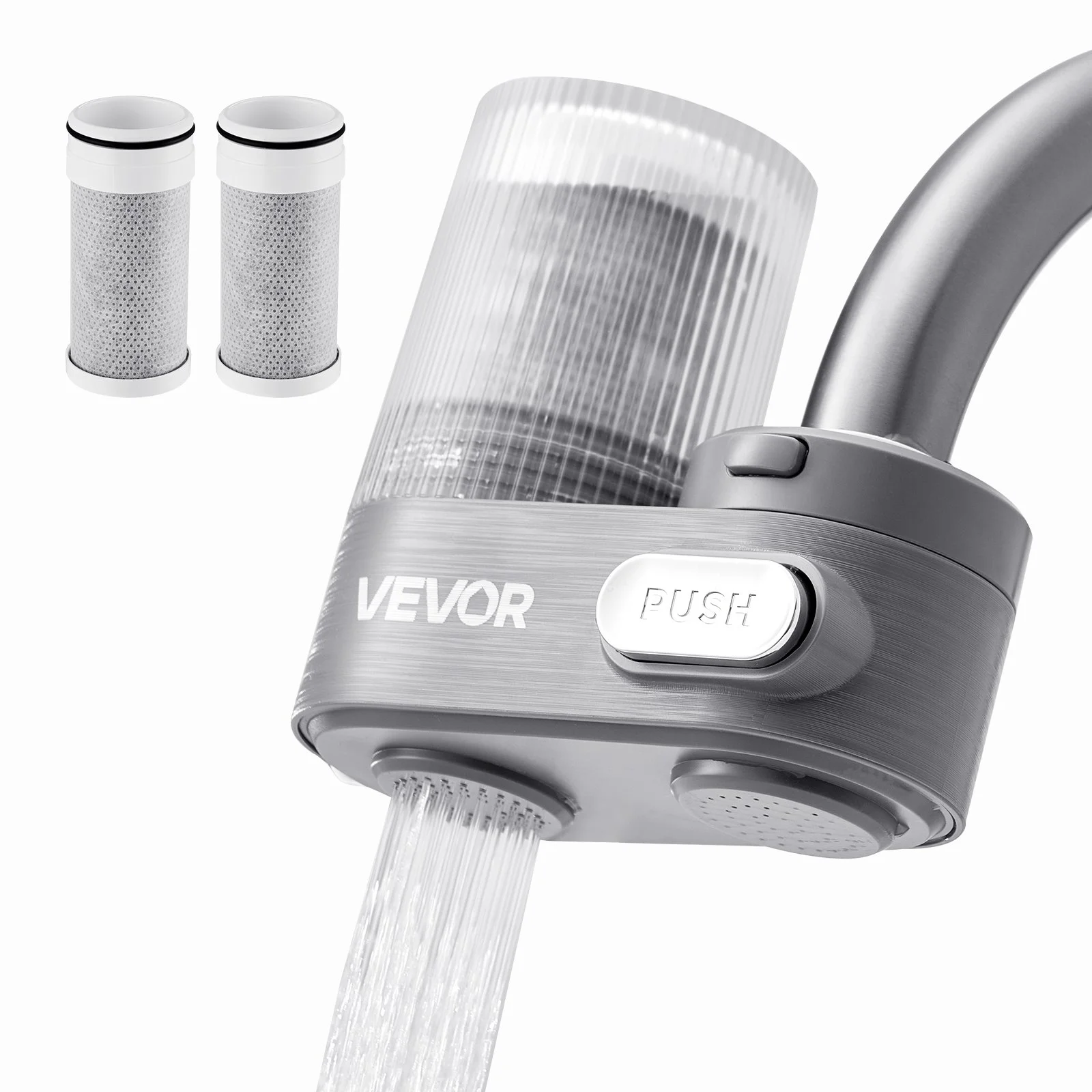 Faucet Mount Water Filter, Vertical Water Purifier for Sink Tap, Carbon Fiber Filter, Removes Chlorine Lead with 3 Filters, Fits Most Kitchen or Bathroom Faucets, Gray