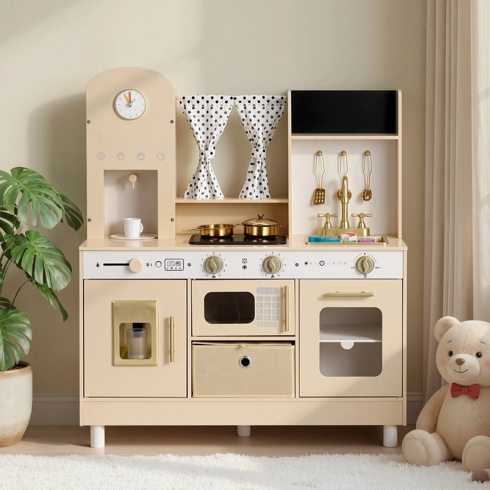 Play Kitchen for Kids, Wooden, Kids Kitchen Playset with Realistic Lights & Sounds, Food & Cookware, Modern Style Pretend Play Toy Set, Ice Maker, Microwave, for Toddlers, Girls & Boys Ages 3-8