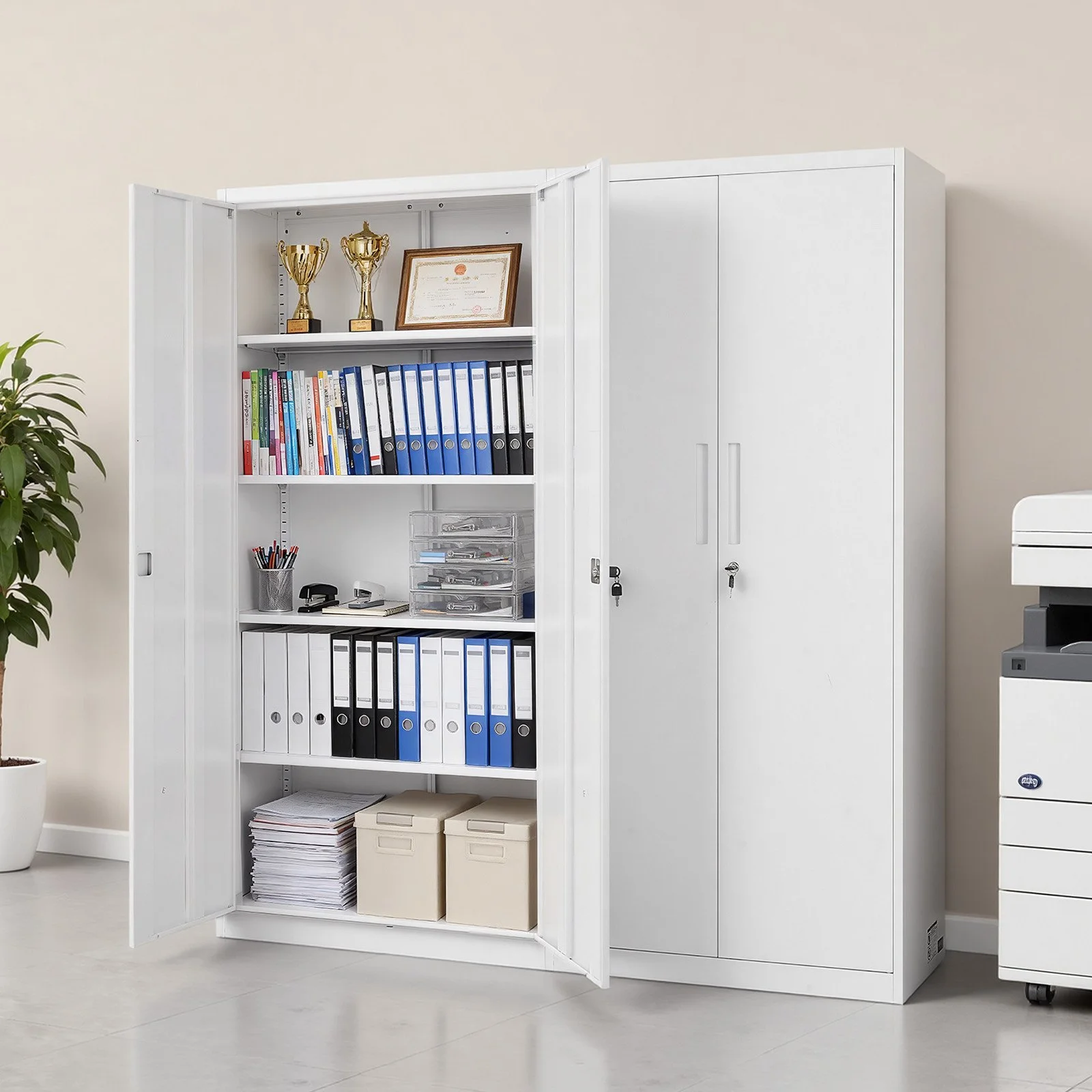 Metal Storage Cabinet, 68.9 in Lockable Steel Garage Cabinet with 4 Adjustable Shelves, 2 Magnetic Doors, 2 Keys, 5 Tiers Tool Storage for Pantry, Warehouse, Basement, Laundry, Office, White - Image 8