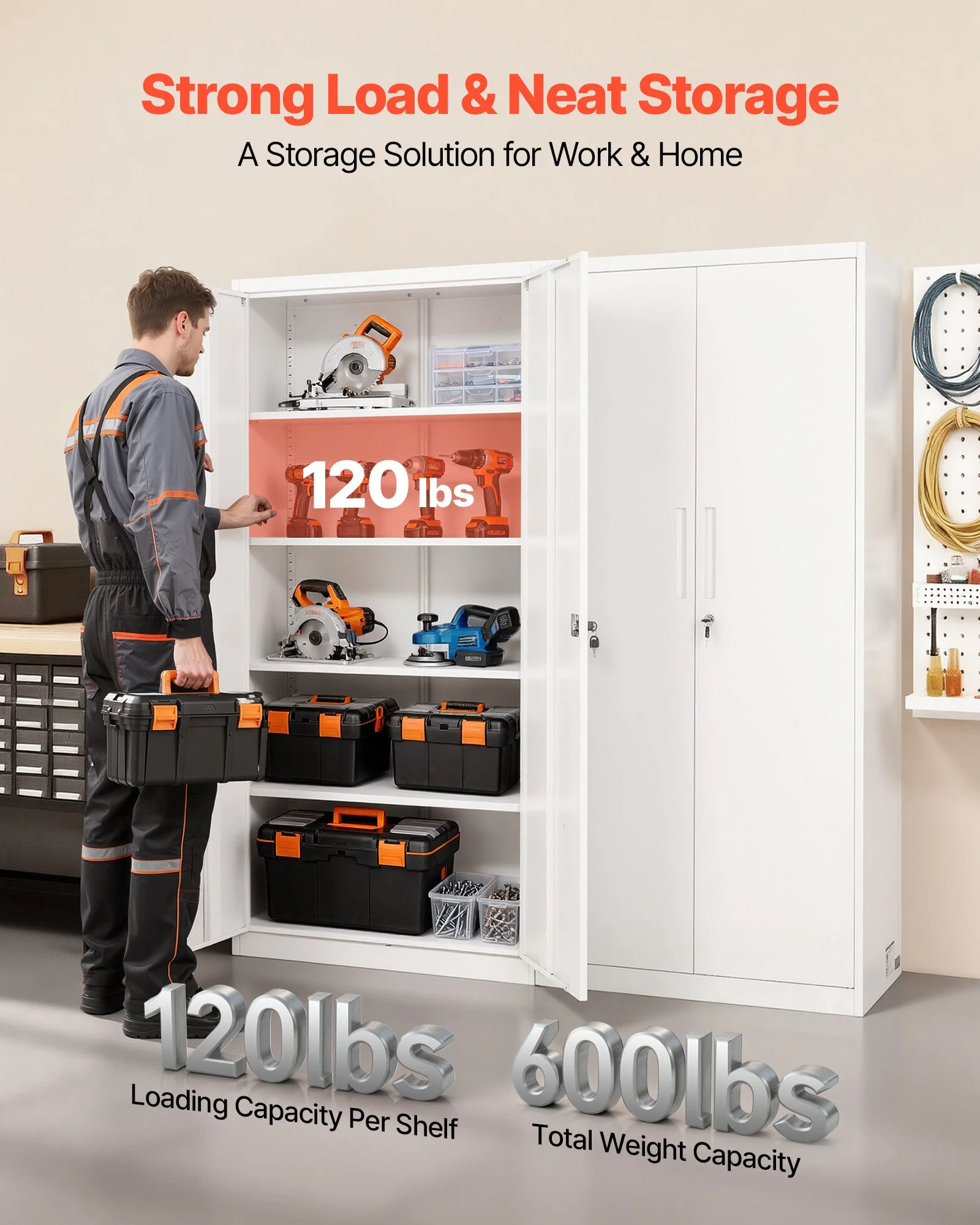 Metal Storage Cabinet, 68.9 in Lockable Steel Garage Cabinet with 4 Adjustable Shelves, 2 Magnetic Doors, 2 Keys, 5 Tiers Tool Storage for Pantry, Warehouse, Basement, Laundry, Office, White - Image 5