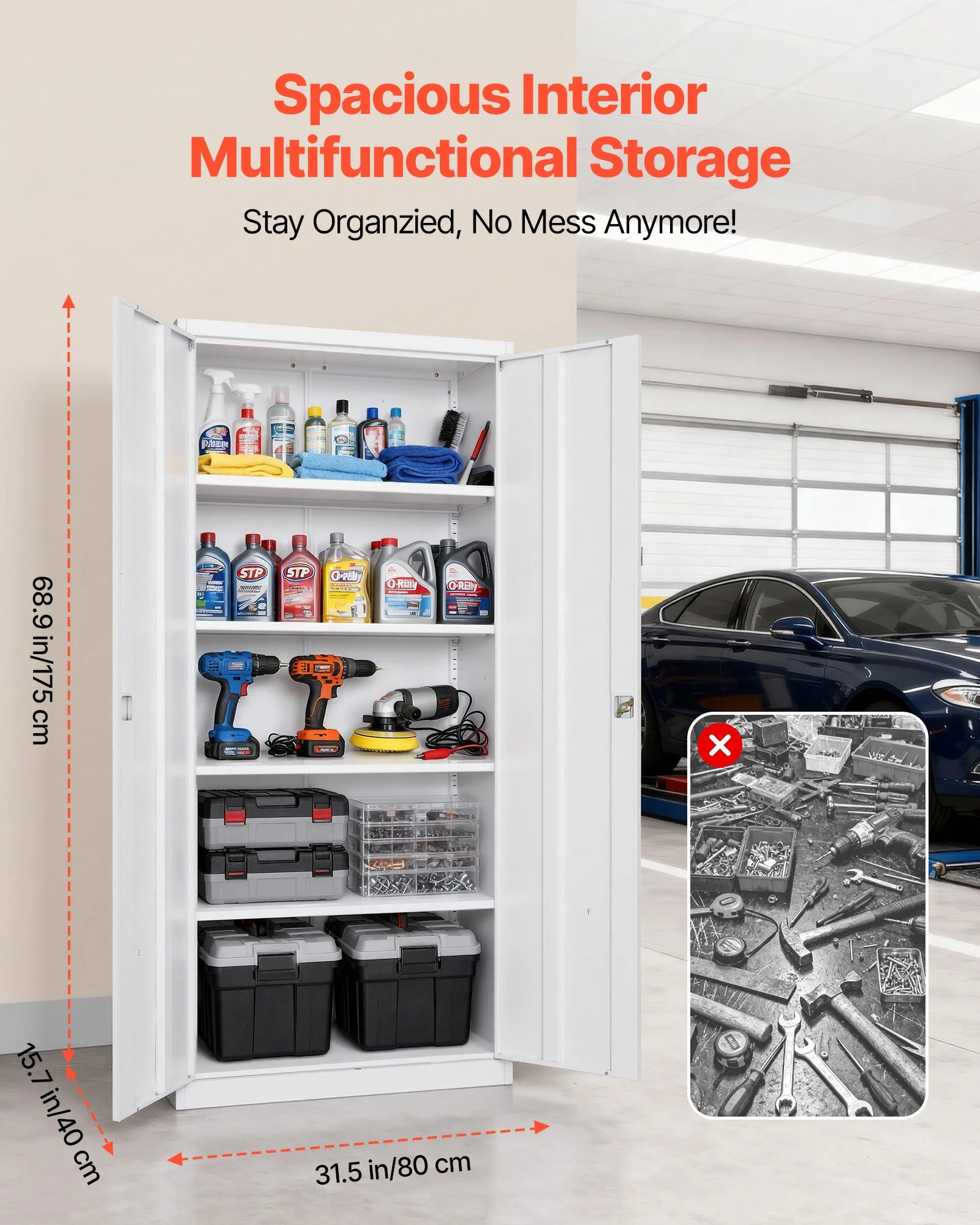 Metal Storage Cabinet, 68.9 in Lockable Steel Garage Cabinet with 4 Adjustable Shelves, 2 Magnetic Doors, 2 Keys, 5 Tiers Tool Storage for Pantry, Warehouse, Basement, Laundry, Office, White - Image 6