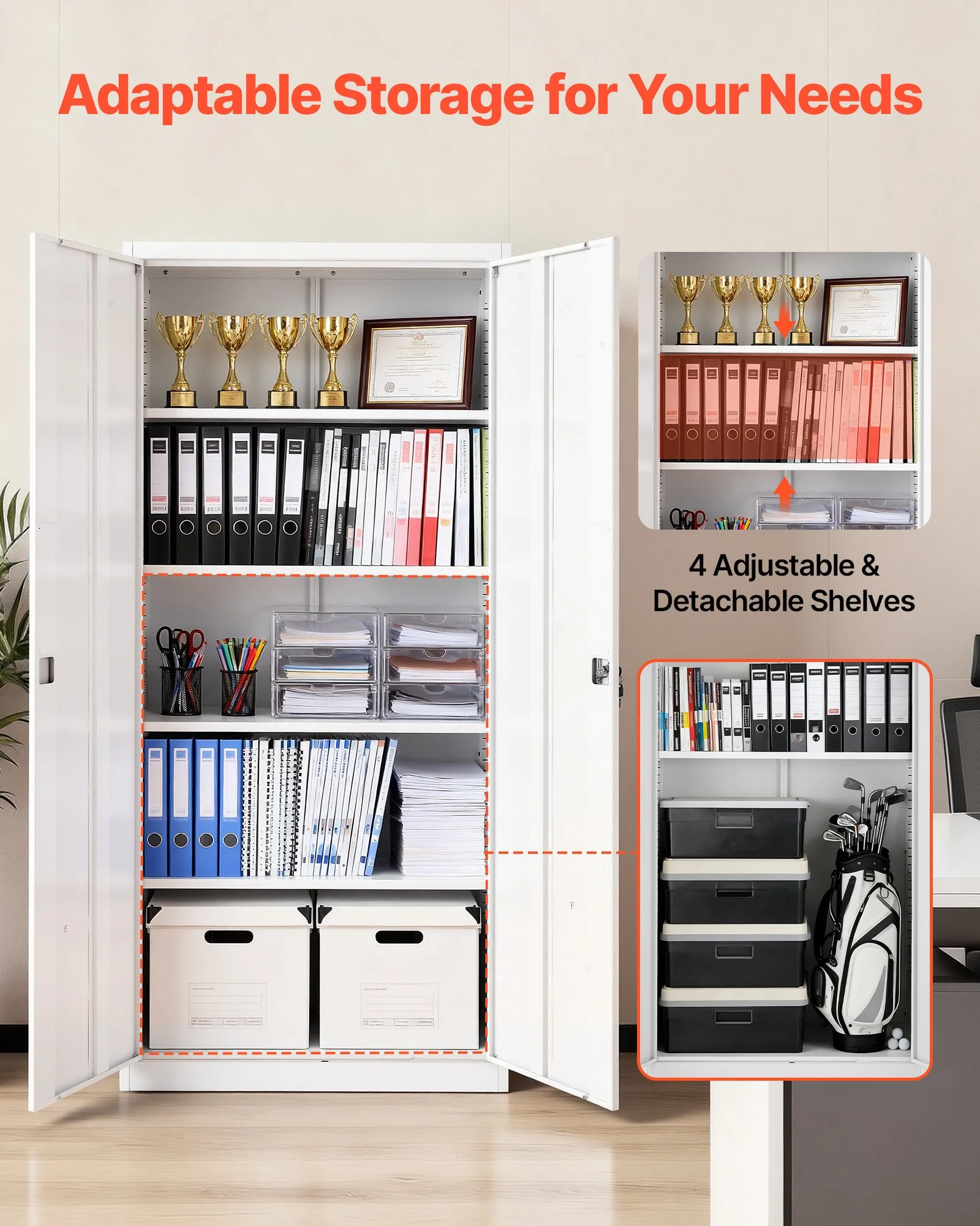 Metal Storage Cabinet, 68.9 in Lockable Steel Garage Cabinet with 4 Adjustable Shelves, 2 Magnetic Doors, 2 Keys, 5 Tiers Tool Storage for Pantry, Warehouse, Basement, Laundry, Office, White - Image 7