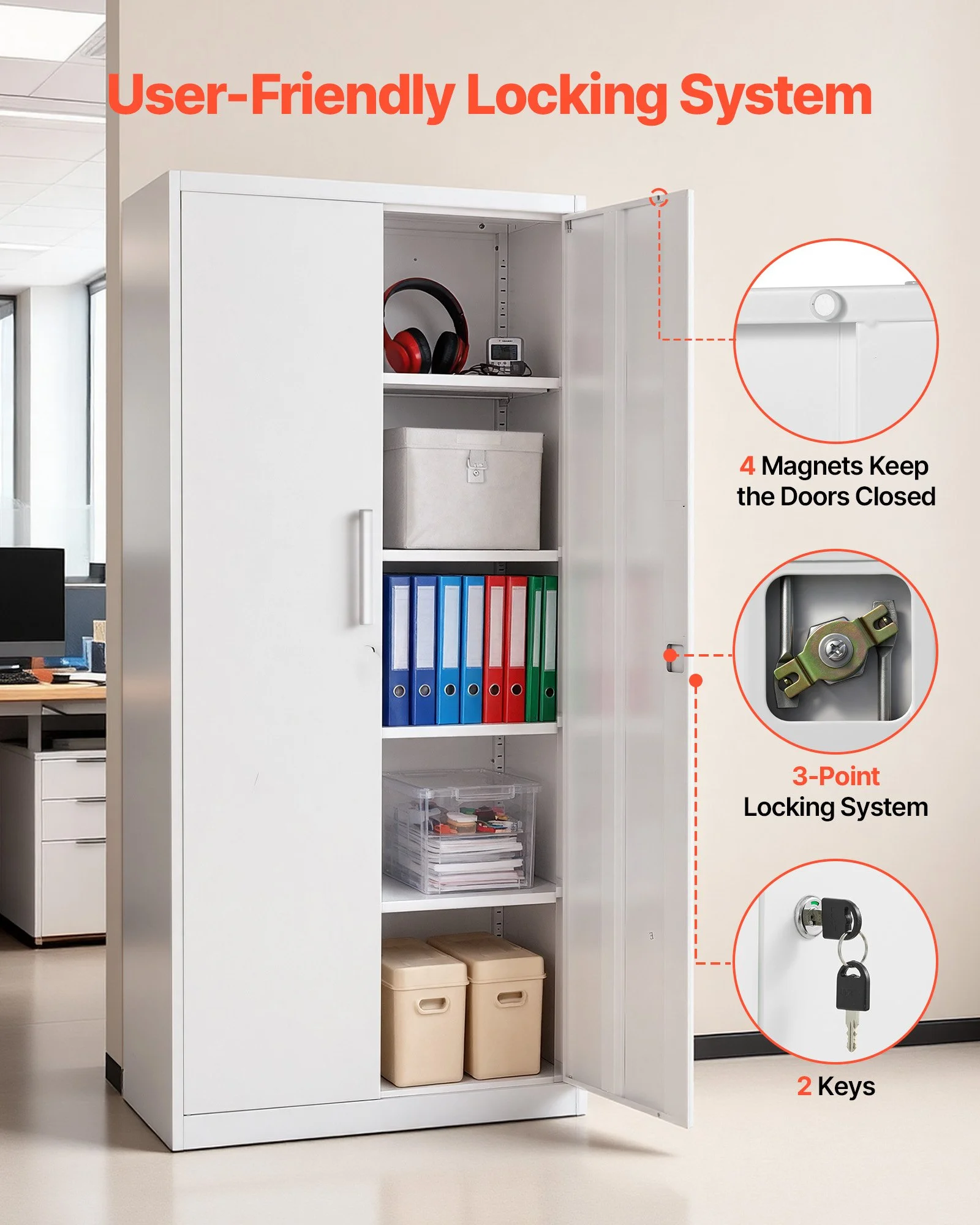 Metal Storage Cabinet, 68.9 in Lockable Steel Garage Cabinet with 4 Adjustable Shelves, 2 Magnetic Doors, 2 Keys, 5 Tiers Tool Storage for Pantry, Warehouse, Basement, Laundry, Office, White - Image 3